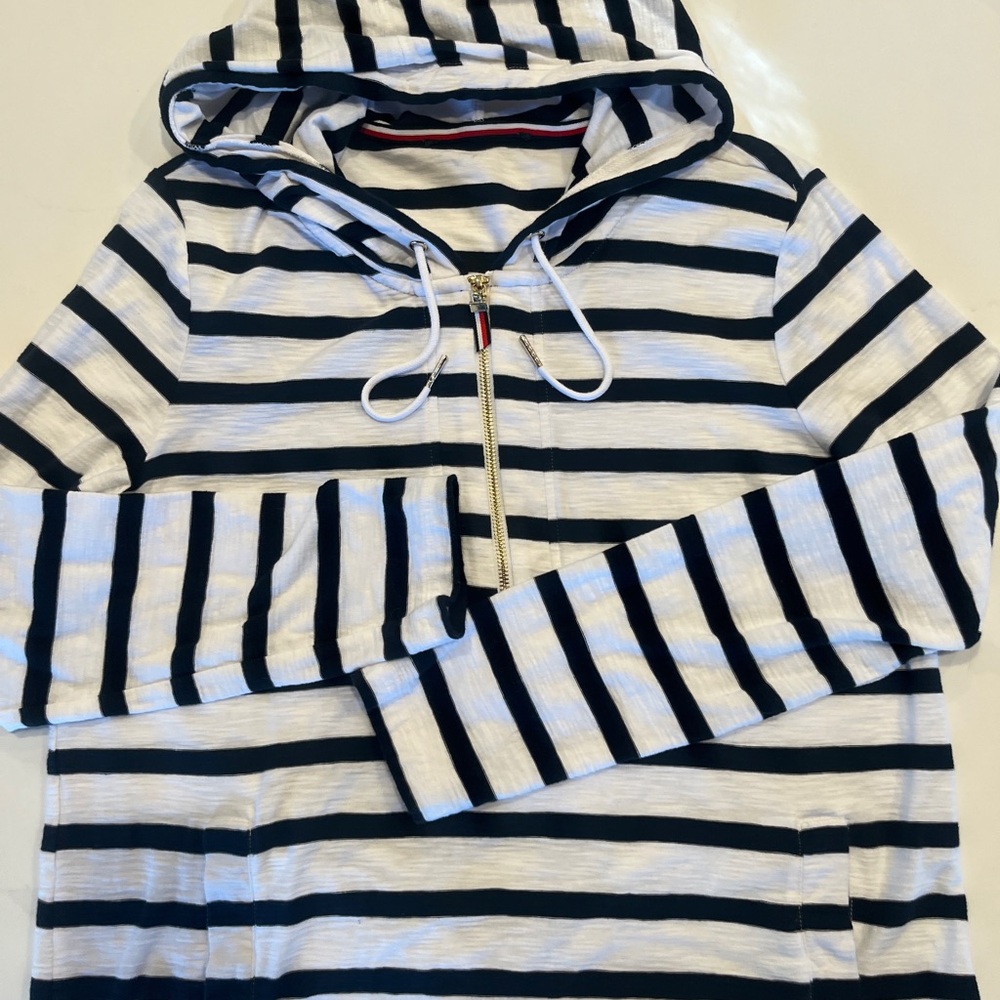 Tommy Hilfiger Navy and White Striped Cotton Hooded Zip Up.
